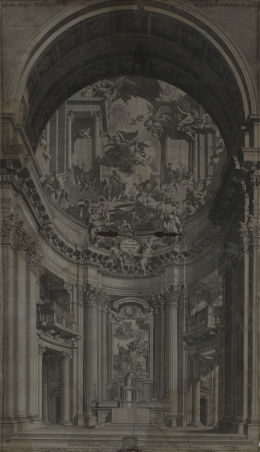 227.  GIOVANNI GIROLAMO FREZZA Y NICOLAS DORIGNY SEGÚN ANDREA POZZODelineatio picturae in fornice templi S. Ignatii y Altare Maius Templi Sancti Ignatii in Collegio Romano.