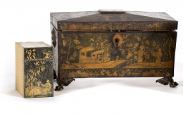 1051.  Caja de té de madera lacada de verde y dorada.Trabajo chino para la exportación a Europa, h. 1830 - 1840.