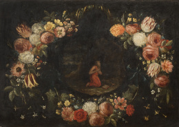 258.  ESCUELA FLAMENCA SIGLO XVIISan Gualfardus en una orla de flores.