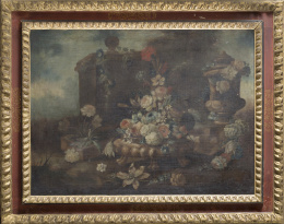 284.  CÍRCULO DE NICOLA CASISSA (Escuela italiana siglo XVIII)Florero sobre un paisaje.