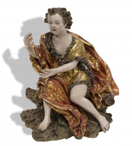 1047.  “San Juanito” Escultura en madera tallada, policromada, estofada y dorada. Escuela andaluza, S. XVIII.