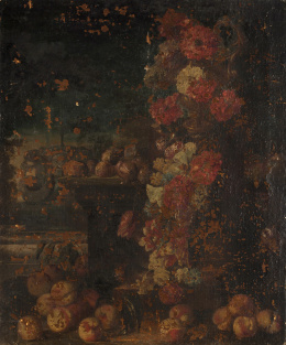312.  A LA MANERA DEL SIGLO XVIIIPaisaje con florero sobre un pedestal, guirnalda de flores, melocotones y otras frutas.