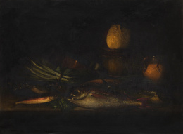 948.  JOSÉ MARÍA CORCHÓN (doc. en Madrid en 1864)Bodegón con peces, caldero y verduras, y Bodegón con gallinas, una col, jarro en cerámica.