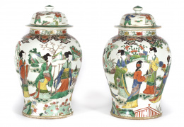 489.  Pareja de tibores en porcelana de la “Familia verde”.China, S. XIX-XX