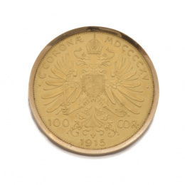 625.  Broche con moneda de 100 coronas austríacas de Francisco I 1915 en oro de 900 milésimas.
