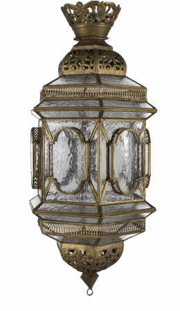 987.  Lámpara de techo hexagonal en forma de farol en metal dorado calado y cristal.S. XX.