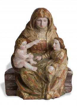 1130.  “Santa Ana triple” Escultura en madera tallada, policromada, dorada y estofada. Escuela castellana, pp. del S. XVI.