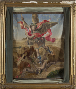 1199.  “El Arcángel san Miguel”Bordado a pintura, S. XIX.