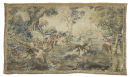 975.  Tapiz en lana y seda con escena cinegética.Trabajo franco-flamenco, ffs. del S. XVII - pp. del S. XVIII..