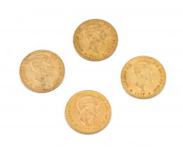 842.  Cuatro monedas de 25 ptas de Alfonso XII  1876,1877,1879 y 1880