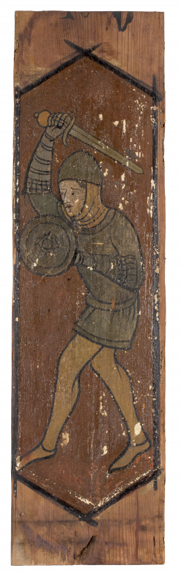 1247.  Arrocabe mudejar de madera pino pintado con personaje con escudo, ffs. del S. XV. .
