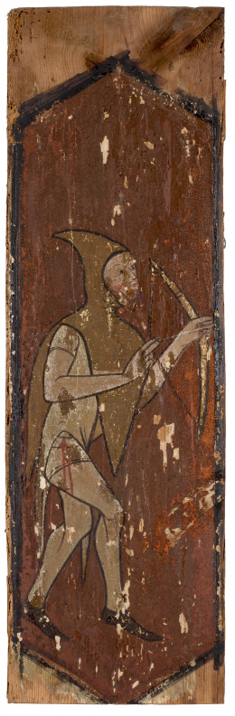 1245.  Arrocabe mudejar de madera de pino pintado, con personaje con un arco, ffs. del S. XV.