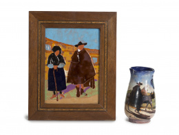 1224.  Daniel Zuloaga (Madrid 1852 - Segovia, 1921)“Segovianos de paseo”Jarrón de cerámica esmaltada. Firmado Zuloaga..