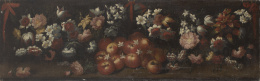 905.  ESCUELA ESPAÑOLA, SIGLO XVIIGuirnalda de flores sobre un paisaje con bodegón de manzanas en el centro.