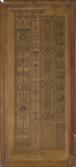 1171.  Tres grabados Luis XVI con temas ornamentales, con marco de madera simulando mármol y flores aplicadas en las esquinas.Francia, ffs. del S. XVIII - pp. del S. XIX