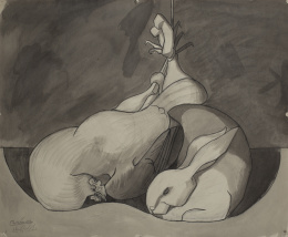 1027.  LUIS FERNÁNDEZ (Oviedo, 1900 - París, 1973)Bodegón con gallo y conejo, 1941.