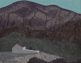 908.  JOSÉ HERNÁNDEZ QUERO (Granada, 1930)Paisaje de montaña con casita blanca.
