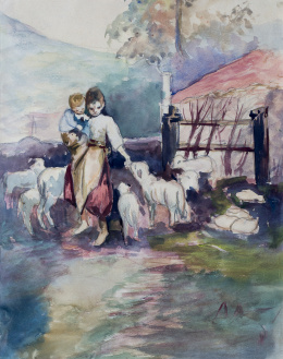 891.  ESCUELA CENTROEUROPEA, h. 1900Pastora con niño y ovejas en un paisaje.