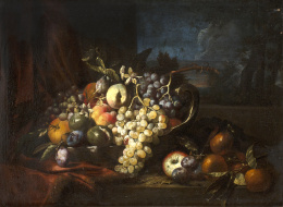 952.  Círculo de Abraham Brueghel (Escuela flamenca, siglo XVII) Bodegón con uvas y frutas sobre un paisaje..