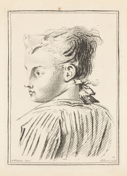 933.  JEAN-ANTOINE WATTEAU (inv) y PIERRE FILLOEUL (sculp)Estudio de una cabeza femenina.