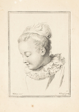 935.  JEAN-ANTOINE WATTEAU (inv) y PIERRE FILLOEUL (sculp et ex)Estudio de una cabeza femenina.