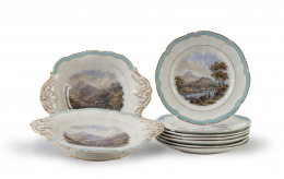 1154.  Conjunto de siete platos y dos fuentes con decoración de paisajes románticos.Inglaterra, mediados del S. XIX.