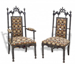 515.  Juego de silla y sillón neogótico en madera ebonizada y “gros point”,  Trabajo francés, ffs del S. XIX