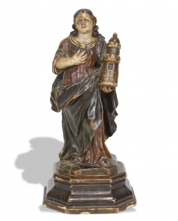 1211.  “Santa Bárbara”.Madera tallada y policromadaTrabajo español, pp. del S. XVIII.