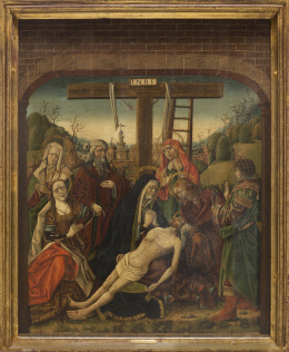 847.  ESCUELA CASTELLANA, SIGLO FF. SIGLO XV. PP. SIGLO XVILamentación sobre Cristo muerto, con las tres María, Nicodemo y José de Arimatea.