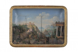 396.  Diorama, con un paisaje imaginarioMadera pintada, corcho y aplicaciones simulando elementos vegetales.S. XIX.