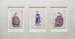 859.  ESCUELA CHINA, SIGLO XIXConjunto de tres acuarelas con personajes chinos 