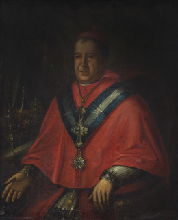 895.  ESCUELA ESPAÑOLA, SIGLO XVIIIRetrato de un arzobispo caballero de la Orden de Carlos III sentado junto a una mesa con una escribanía y papel con sello cardenalicio estampado.