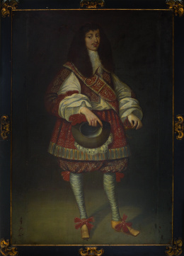 886.  ESCUELA ESPAÑOLA, SIGLO XVIIRetrato de Luis XIV de cuerpo entero portando un sombrero en su mano izquierda.