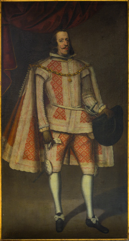 886.1.  ESCUELA ESPAÑOLA, SIGLO XVIIRetrato de Felipe IV de cuerpo entero portando un sombrero en su mano izquierda.