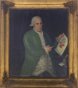 935.  ESCUELA ESPAÑOLA, SIGLO XVIII Retrato de caballero con diseño de toisón ricamente enjoyado.Podría tratarse de un joyero real sin descartar la posibilidad de que fuera Leonardo Chopinot.
