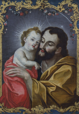 904.  ESCUELA QUITEÑA, SIGLO XVIIISan José y el Niño con decoración de guirnalda de flores en un marco fingido en oro.