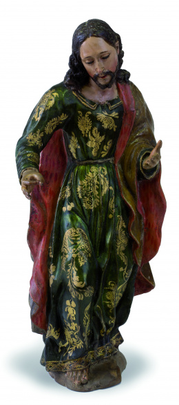 490.  “San José”Escultura en madera tallada, policromada y dorada con ojos en pasta vítrea.Escuela Quiteña, S. XVIII.