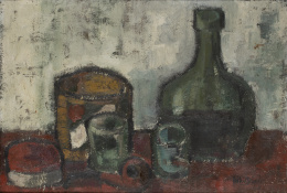 388.  JOSÉ LUIS DELGADO (Madrid, 1940)Bodegón con garrafa y vasos