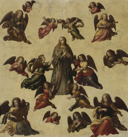 788.  ESCUELA ESPAÑOLA, h. 1600Coronación de la Virgen con ángeles sobre un fondo dorado.