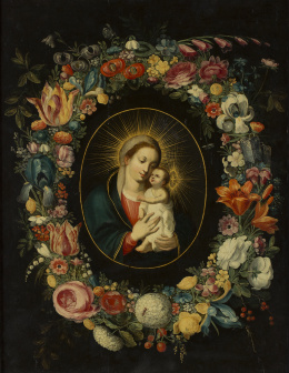 497.  ATRIBUIDO A ANDRIES DANIELS (c. 1580-1640)Virgen con Niño en orla de flores.