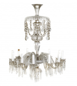 1088.  Lámpara de doce brazos de luz de cristal soplado, con pandelocas y guirnaldas.La Granja, S. XIX.