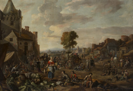 505.  ANTON GOUBAU (Amberes, 1616-1698)Escena de un mercado, 1677.