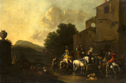 872.  SEGUIDOR DE PHILIPH WOUWERMAN (Escuela holandesa, siglo XVII)Viajeros junto a una posada.