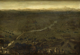 866.  SEGUIDOR DE PIETER SNAYERS (Amberes, 1592 - Bruselas, 1667)Sitio y batalla junto a un río.