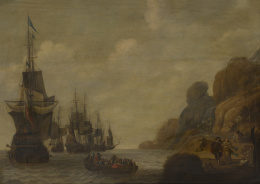 504.  ATRIBUIDO A JACOB ADRIAENSZ BELLEVOIS (Rotterdam, 1620-1676)Marina con barcos.