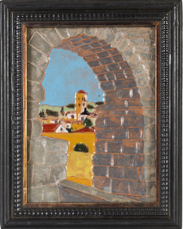1248.  Daniel Zuloaga (1852 - 1921)“Vista del acueducto de Segovia” (Azoguejo)Placa de cerámica esmaltada con la técnica de arista..