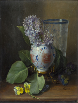 1224.  JOSÉ MARÍA MURILLO BRACHO (Sevilla, 1827 - Málaga, 1882)Lilas en un jarrón de porcelana con un vaso en cristal al fondo.