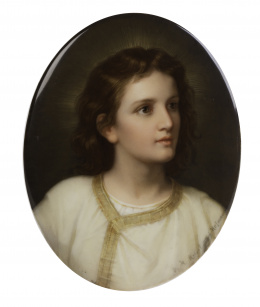 1171.  Heinrich Hofmann, Alemania, 19 de marzo 1824-23 de Junio 1911“Cabeza de Niño Jesús”Placa de porcelana pintada, firmada..