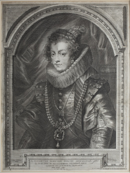 744.  PAULUS PONTIUS (1603-1658)Retrato de Isabel de Borbón, Reina de EspañaP. Paul Rubens pinxit [Amberes], Gillis Hendricx exc. Cum privilegio