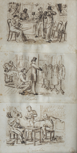 839.  JOSEP PUIGGARÍ Y LLOBET (Barcelona, 1821-1903)Tres escenas con los oficios de satre y zapatero